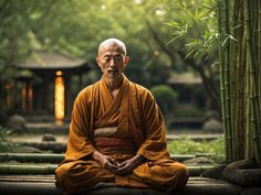 a man sitting on top of a wooden bench next to bamboo trees