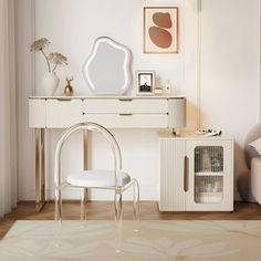 a white desk with a mirror, chair and other items on it in a room