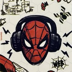 a drawing of a spider man with headphones in front of some other doodles