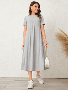 Light Grey Casual  Short Sleeve Polyester Plain Tee Embellished Slight Stretch Summer Women Dresses Pale Dress, Tshirt Dress Outfit, Cute Modest Outfits, Casual Short Sleeve Dress, Printed Sleeveless Top, Summer Dress Outfits, Crewneck Dress, Modest Fashion Outfits, Vestido Casual