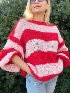 Pink and Red Striped Sweater - Cozy, Chic, and Vibrant Embrace the perfect blend of comfort and style with our Pink and Red Striped Mohair Sweater. Designed to add a pop of color to your wardrobe, this handknit mohair sweater is your go-to choice for chilly days and cozy nights. Whether you're heading out for a casual day with friends or lounging at home, this vibrant piece ensures you stay warm and fashionable. Key Features: - Vibrant Stripes: The eye-catching pink and red stripes make a bold s Red Knitting Pattern For Fall, White And Blue Sweater, Y2k Crochet, Jumper Women, Stripe Jumper, Floral Vests, Winter Streetwear, Streetwear Tops, Oversize Knit