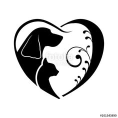 two dogs and a cat in the shape of a heart with swirls on white background