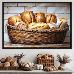 a basket full of bread sitting on top of a table