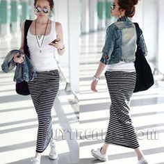 Black And White Striped Skirt Outfit, Long Denim Skirt Outfit, Striped Maxi Skirt, White Striped Skirt, Casual Skirt Outfits, Maxi Skirt Outfits, Striped Maxi Skirts, Striped Maxi, Cool Street Fashion