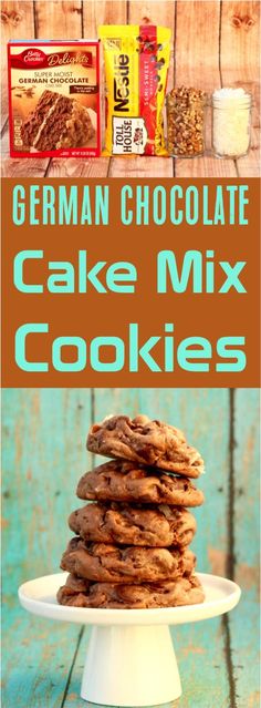 german chocolate cake mix cookies stacked on top of each other with the title overlay