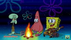 spongebob and his friends around the campfire