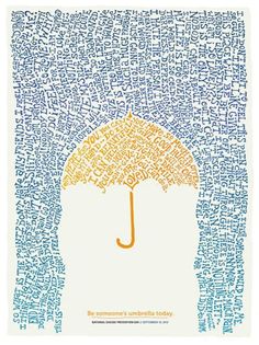 an umbrella with words all over it in blue, yellow and orange on the bottom