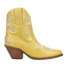 She wears flowers in her hair and flowers on her boots. Primrose is Dingo1969's take on boho vibes. Soft wearable leather, embroidered flowers, and lacing detail make the Primrose ready for the garden party, the festival, and nights on Lower Broadway. Kick your style up a notch. Size: 9.5M.  Color: Yellow.  Gender: female.  Age Group: adult. Yellow Cowgirl Boots, Pink Embroidered Spring Boots, Spring Embroidered Boots For Rodeo, Embroidered Knee-high Boots For Spring, Brown Embroidered Western Boots, Casual Ankle Boots, Yellow Shoes, Boho Vibe, Mid Heel