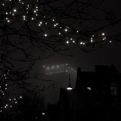 an airplane is flying in the night sky over some buildings and trees with lights on them