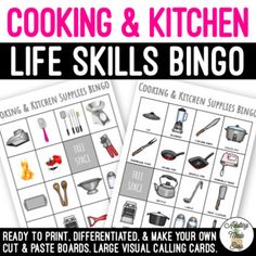 the cooking and kitchen life skills bingo game is shown in two separate pictures, with text reading