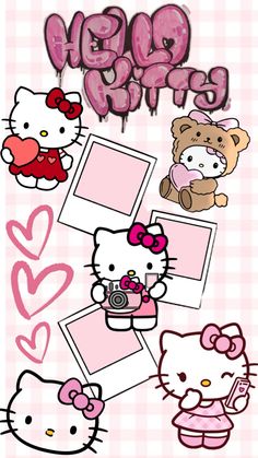 an image of hello kitty with hearts and teddy bears on the back side of it