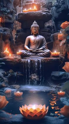 the buddha statue is surrounded by candles and water