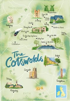 an illustrated map of the cotswolds in england, with its major attractions