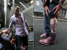 two pictures of people with tattoos on their legs and one is holding something in his hand