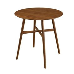 a wooden table with two legs and a small round wood table top on an isolated white background