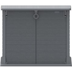 an outdoor storage box with two doors on each side and one door open to reveal the outside