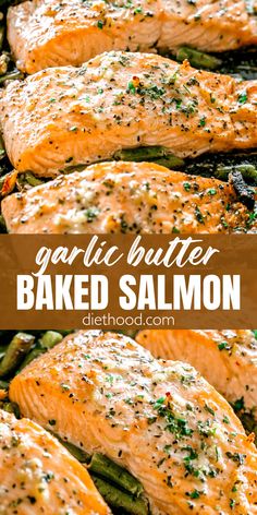 baked salmon and asparagus on a grill with garlic butter in the background text overlay reads garlic butter baked salmon