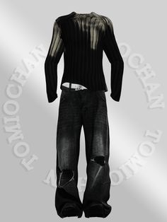 a black sweater and jeans with holes on the bottom are shown in front of a gray background