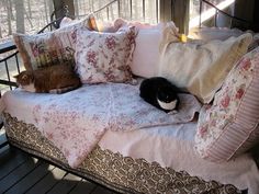 two cats are laying on a bed with pillows