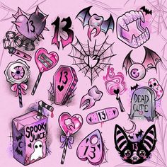 a bunch of halloween stickers on a pink background