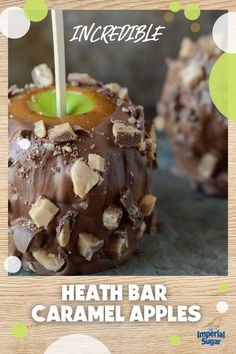 chocolate caramel apples on a wooden table with text overlay that reads, incredible health bar caramel apples