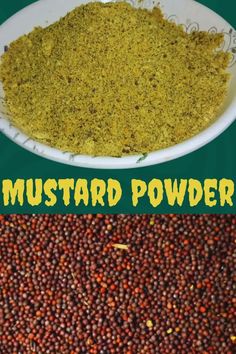 mustard powder in a white bowl next to an image of mustard seeds on a green background