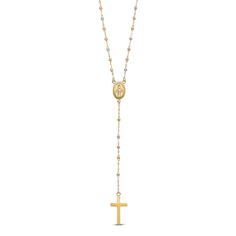 A bold statement of faith, this rosary inspired beaded necklace features a medallion of the blessed virgin and a powerful cross. Fashioned in 14K tri-tone gold, the 17-inch beaded chain secures in place with a lobster clasp. Statement Of Faith, Gold Credit Card, Cross Rosary, Gold Rosary, Jared The Galleria Of Jewelry, Necklace Clasps, Rosary Necklace, Blessed Virgin, Cross Jewelry