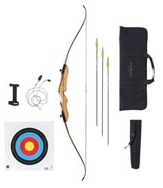 an archery bow, arrows and target on a white background