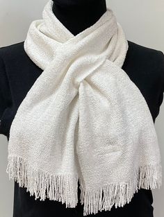 "Self tie scarf- you won't lose this one.  Woven in white or ivory.  Perfect for a wedding or party.  Made in a subtle stripe using a rayon chenille yarn along with a rayon boucle yarn. For a fashion forward look. Good for all seasons, wintry weather, summer evenings, and air conditioned spaces.  Easy to wear; just pull one end through the opening in the other end and you are ready to go.  Both functional and fashionable. The opening is woven into the scarf using two shuttles, and then reinforce Tie Scarves, Zigzag Stitch, Cotton Scarves, Boucle Yarn, Chenille Yarn, Tie Scarf, Scarf Tying, Steam Iron, Cotton Scarf