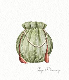 a drawing of a green bag with pearls on it