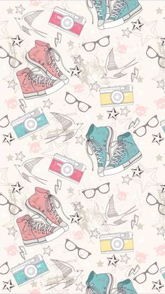 an image of a pattern with shoes and glasses on it's surface in pastel colors