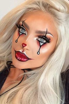 63 Trendy Clown Makeup Ideas for Halloween 2020 – StayGlam Woman’s Halloween Makeup, Halloween Costumes Clown Make Up, Clown Costume Makeup Cute, Clown Face Makeup Cute, Scary Hot Clown Costume, Lady Clown Costume, Clown Face Paint For Women, Scary Clown Make Up Women, Lady Clown Makeup