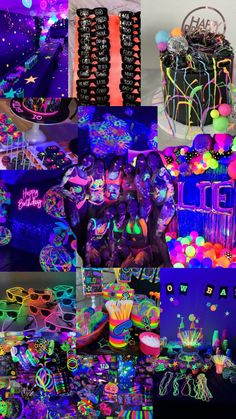 a collage of photos with neon colors and black light in the background, including an assortment of items