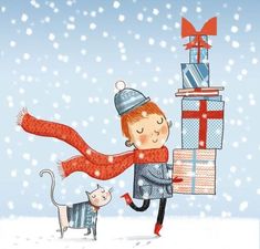 a boy is carrying presents in the snow with a dog on his back and a christmas card that says happy christmas