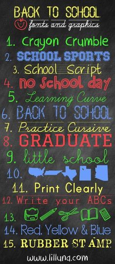 the back to school chalkboard is written in different colors and font, including numbers