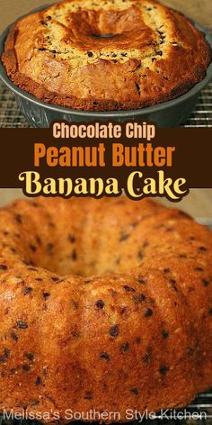 chocolate chip peanut butter banana cake on a cooling rack