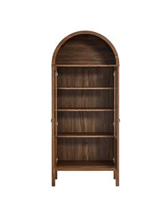 a wooden bookcase with an arched door on the top and bottom shelf, in dark wood