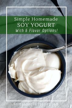 simple homemade soy yogurt with 6 flavor options in a blue bowl on a gray cloth