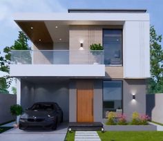 a car is parked in front of a modern house