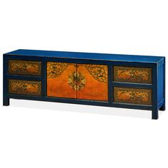 Blue Elmwood Tibetan Kang Media Cabinet Tv Stand For Sale, Blue Lotus Flower, China Furniture, Zen Style, Media Cabinet, Vintage Indigo, Sideboard Furniture, How To Clean Furniture, Tv Cabinets