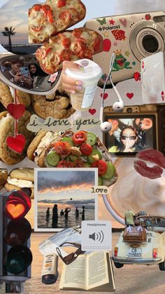 a collage of food and pictures with people on the beach in the back ground