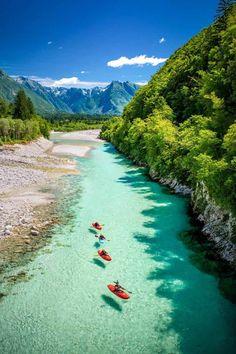 three canoes are in the water near some green trees and mountain range behind them