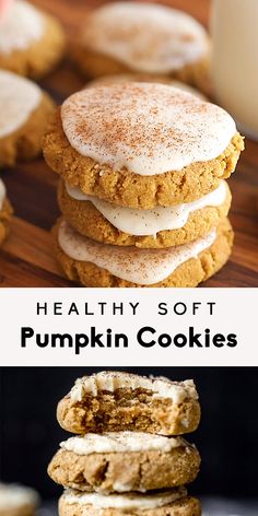 healthy soft pumpkin cookies stacked on top of each other and topped with cream cheese frosting