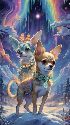 two chihuahuas are standing in the snow under an aurora - colored sky and stars