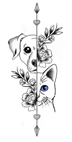 a drawing of a dog with flowers on it's head and an arrow in the middle