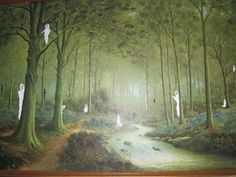 a painting on the wall of a forest with people in white robes and ghost costumes