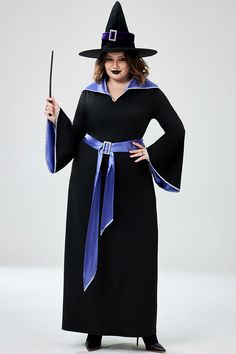 DESIGN INSPIRATION Prepare to give your friends the creeps with this plus size witch costume that exudes a spooky and mysterious vibe. This costume has everything you could ever wish for, and then some! It provides full coverage to keep you warm during the chilly Halloween night, and it even includes a belt to create a slimming effect. The trumpet sleeves add a touch of drama and modern flair that will make you stand out from the crowd. To truly bring the witch to life, complete the ensemble with a pair of heels, a pointed hat, and a cane. SIZE FIT Model shown is 5'6.9" inch wearing XL/14-16. FABRIC CARE Shall: Knitted Lining: No Cares: Machine Wash DETAILS Type : Maxi Dresses Occasion : Halloween Elasticity : Medium Stretch Neckline : V Neck Sleeve Type : Trumpet Sleeve Sleeve Length : Lo Easy Witch Costume Women, Plus Size Witch Costume, Plus Size Witch, Halloween Costume Black, Black Witches, Knitted Maxi Dress, Dresses Occasion, Witch Cosplay, Plus Size Halloween Costume