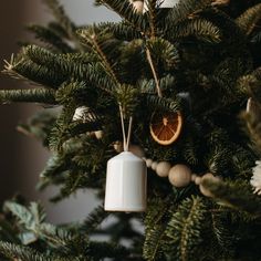 an ornament hanging from the top of a christmas tree with oranges on it