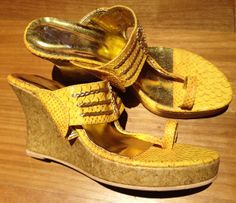 Mustard yellow, faux snake-skin wedge sandals at Gossip Shoes in the Palladium Mall, Mumbai.  More at: bonconseil.us Mumbai Shopping, Cork Wedge, Mustard Yellow, Wedge Heels, Different Styles, Snake Skin, Wedge Sandals, Mustard