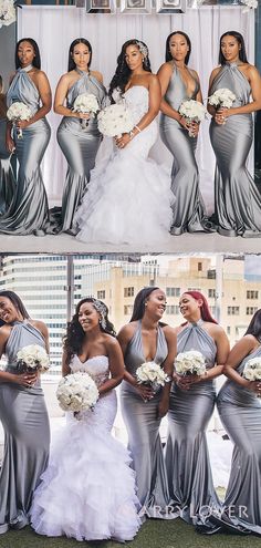 the bridesmaids are posing for pictures in their silver gowns and bouquets